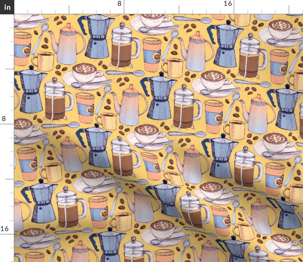 Coffee Love - Painted Illustration Pattern on Yellow