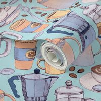 Coffee Love - Painted Illustration Pattern on Blue