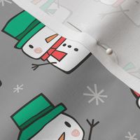 Winter Christmas Snowman & Snowflakes Red Green on Grey