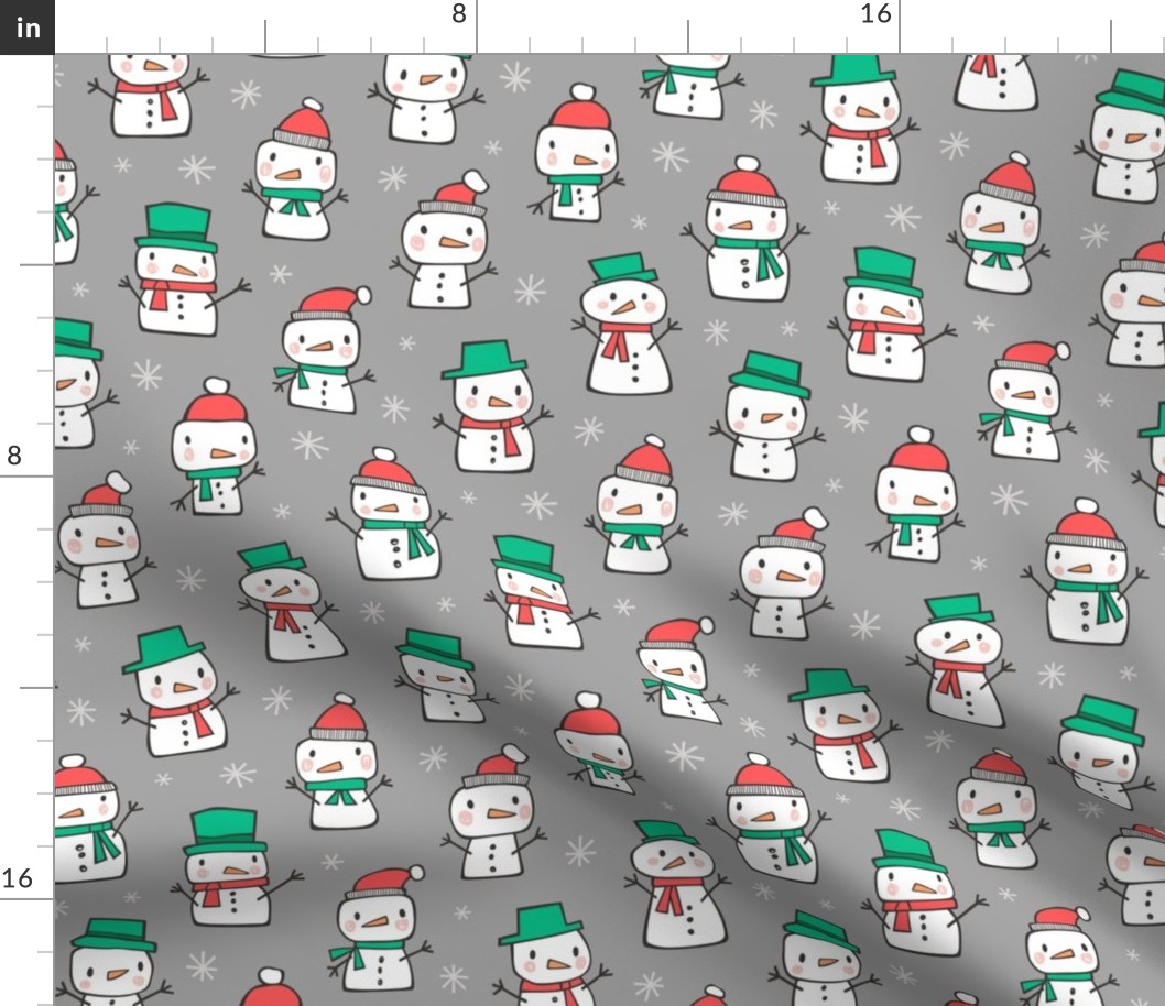 Winter Christmas Snowman & Snowflakes Red Green on Grey