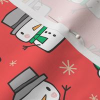 Winter Christmas Snowman & Snowflakes on Red