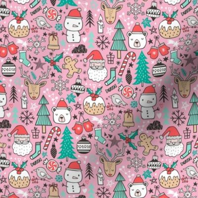 Xmas Christmas Winter Doodle with Snowman, Santa, Deer, Snowflakes, Trees, Mittens on Pink Tiny Small