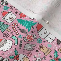 Xmas Christmas Winter Doodle with Snowman, Santa, Deer, Snowflakes, Trees, Mittens on Pink Tiny Small