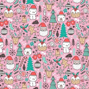 Xmas Christmas Winter Doodle with Snowman, Santa, Deer, Snowflakes, Trees, Mittens on Pink Tiny Small