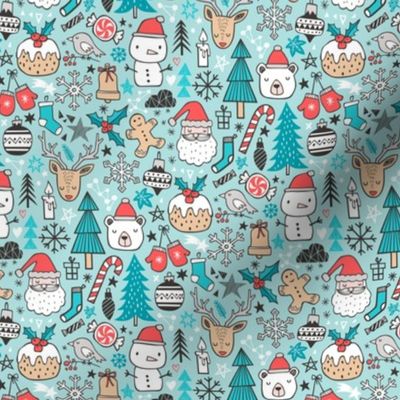 Xmas Christmas Winter Doodle with Snowman, Santa, Deer, Snowflakes, Trees, Mittens on Blue Tiny Small