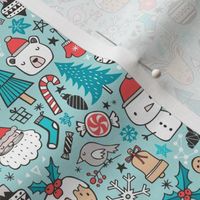 Xmas Christmas Winter Doodle with Snowman, Santa, Deer, Snowflakes, Trees, Mittens on Blue Tiny Small