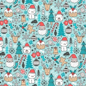 Xmas Christmas Winter Doodle with Snowman, Santa, Deer, Snowflakes, Trees, Mittens on Blue Tiny Small