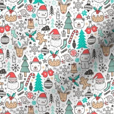 Xmas Christmas Holiday Winter Doodle with Snowman, Santa, Deer, Snowflakes, Trees, Mittens Tiny Small