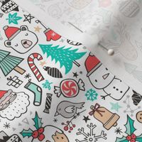 Xmas Christmas Holiday Winter Doodle with Snowman, Santa, Deer, Snowflakes, Trees, Mittens Tiny Small