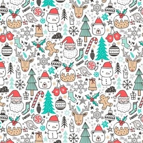 Xmas Christmas Holiday Winter Doodle with Snowman, Santa, Deer, Snowflakes, Trees, Mittens Tiny Small