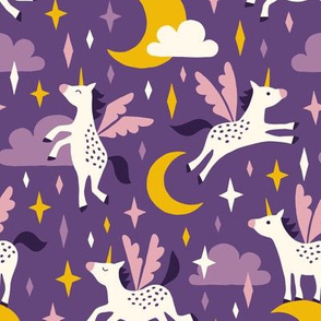Unicorns in the sky in purple