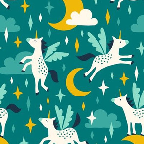 Unicorns in the sky in turquoise