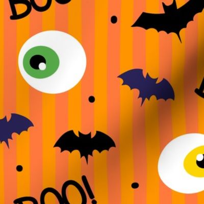 Halloween Cute Dancing BOO Bats Monster on Orange Stripes