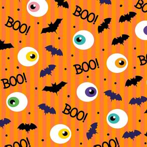 Halloween Cute Dancing BOO Bats Monster on Orange Stripes
