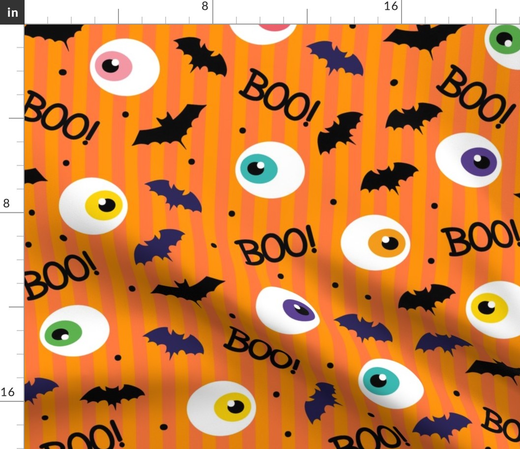 Halloween Cute Dancing BOO Bats Monster on Orange Stripes