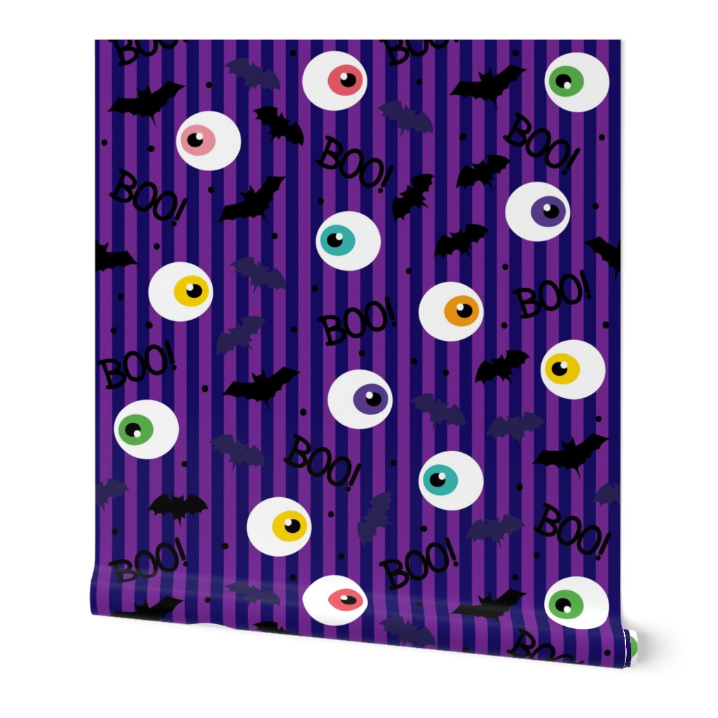 Halloween Cute Dancing BOO Bats Monster on Purple Stripes