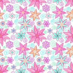 Sweet Pink Flowers and Teal Blue Swirls on White