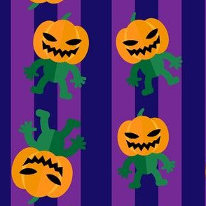 Halloween Cute Dancing Pumpkin Monsters on Purple Stripes