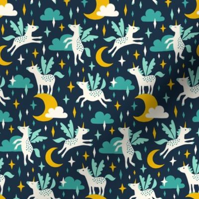 Unicorns in the sky in turquoise (small/dark)