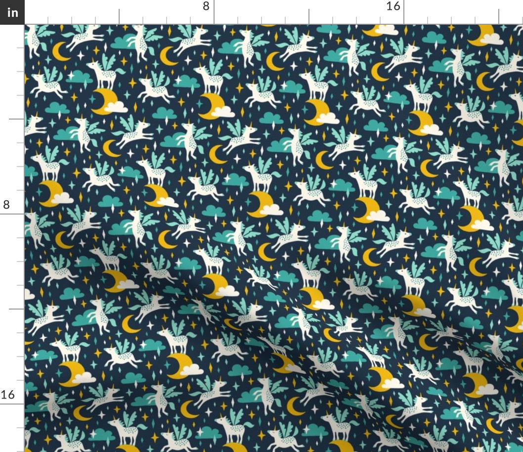 Unicorns in the sky in turquoise (small/dark)