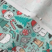 Xmas Christmas Winter Doodle with Snowman, Santa, Deer, Snowflakes, Trees, Mittens on Mint Green Tiny Small