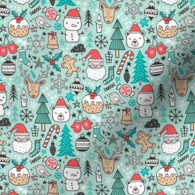 Xmas Christmas Winter Doodle with Snowman, Santa, Deer, Snowflakes, Trees, Mittens on Mint Green Tiny Small