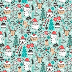 Xmas Christmas Winter Doodle with Snowman, Santa, Deer, Snowflakes, Trees, Mittens on Mint Green Tiny Small