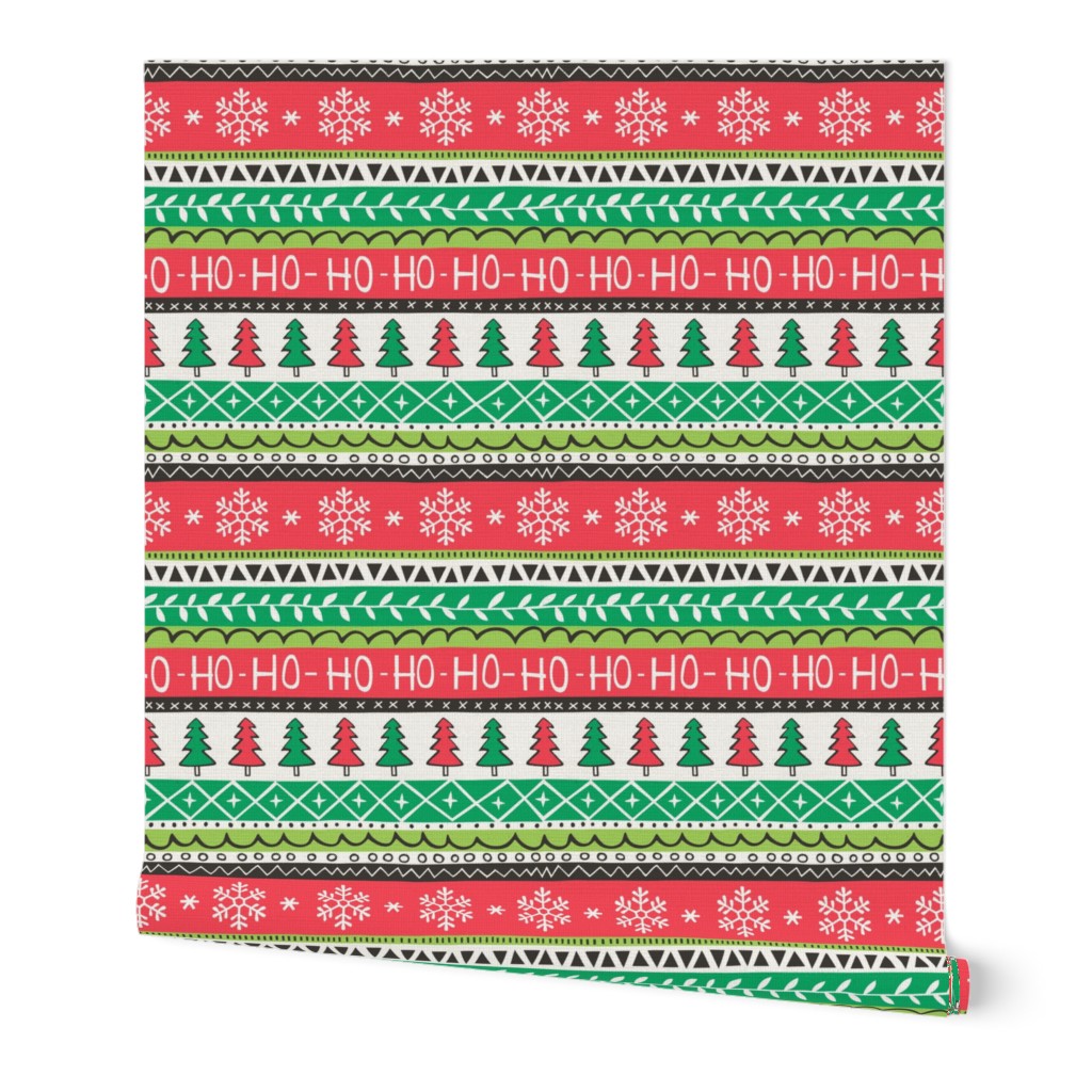 Christmas Xmas Stripes Snowflakes Trees Red Green