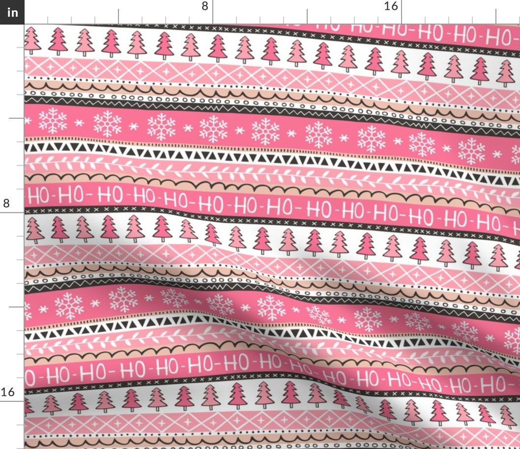 Christmas Xmas Stripes Snowflakes Trees Black & White Pink