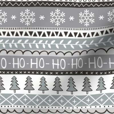 Christmas Xmas Stripes Snowflakes Trees Black & White Grey