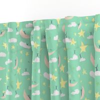 Celestial kids Mint Green || Sky Clouds Blue Moon Stars Yellow White Cream Navy Royal Blue by Miss Chiff Designs outerspace