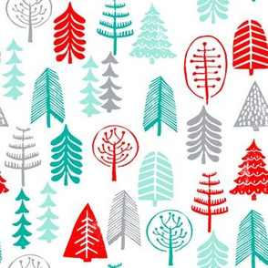christmas trees // forest woodland trees holiday red and green