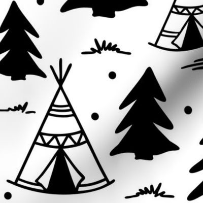 Camping adventure pattern - Black and white