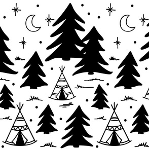 Camping adventure pattern - Black and white
