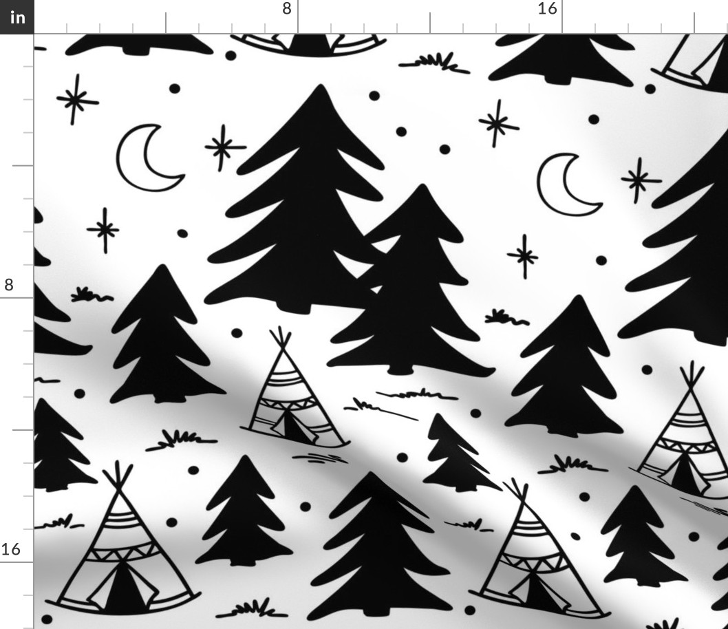 Camping adventure pattern - Black and white