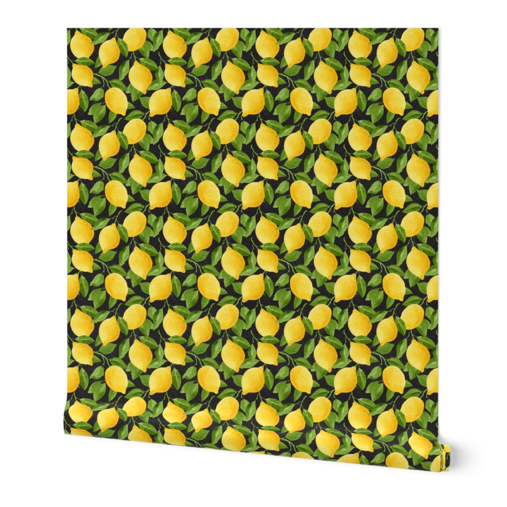 Watercolor Lemons Pattern on Black Background