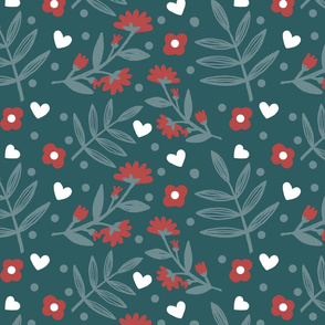 Red Flowers and Foliage with Hearts