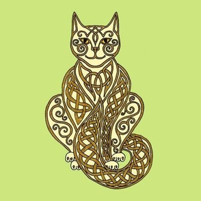 Celtic Cat 7 cream gold on light green