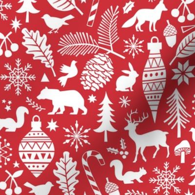 Woodland Forest Christmas Doodle with Deer,Bear,Snowflakes,Trees, Pinecone in Red