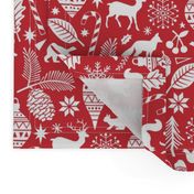 Woodland Forest Christmas Doodle with Deer,Bear,Snowflakes,Trees, Pinecone in Red