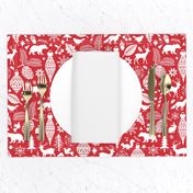 Woodland Forest Christmas Doodle with Deer,Bear,Snowflakes,Trees, Pinecone in Red