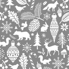 Woodland Forest Christmas Doodle with Deer,Bear,Snowflakes,Trees, Pinecone in Grey