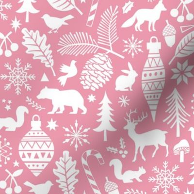 Woodland Forest Christmas Doodle with Deer,Bear,Snowflakes,Trees, Pinecone in Pink