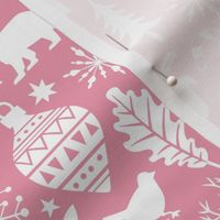 Woodland Forest Christmas Doodle with Deer,Bear,Snowflakes,Trees, Pinecone in Pink