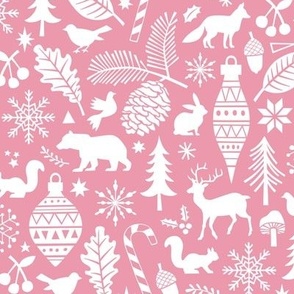 Woodland Forest Christmas Doodle with Deer,Bear,Snowflakes,Trees, Pinecone in Pink