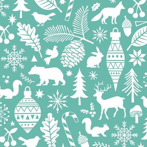 Woodland Forest Christmas Doodle with Deer,Bear,Snowflakes,Trees, Pinecone in Mint Green