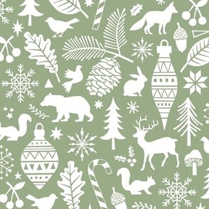 Woodland Forest Christmas Doodle with Deer,Bear,Snowflakes,Trees, Pinecone in Green