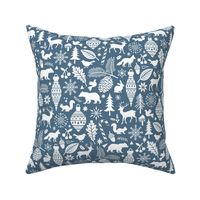 Woodland Forest Christmas Doodle with Deer,Bear,Snowflakes,Trees, Pinecone in Navy Blue