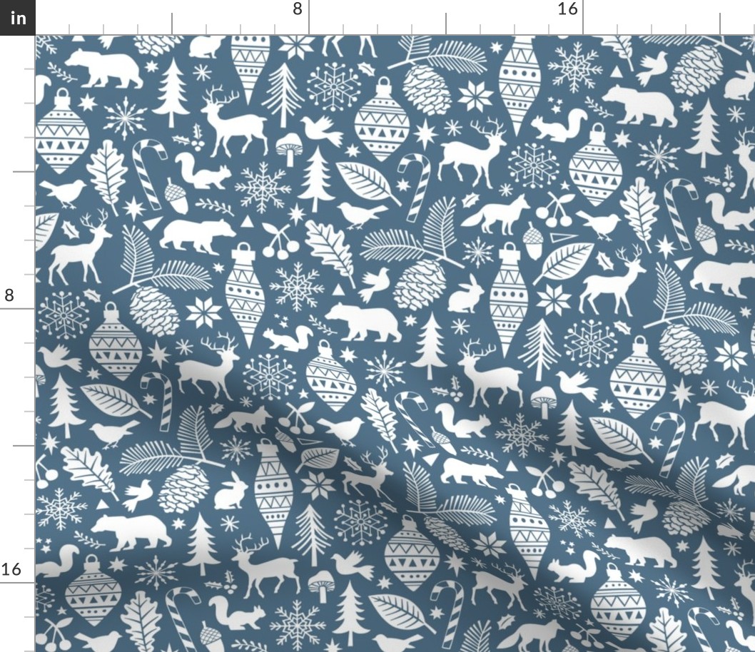 Woodland Forest Christmas Doodle with Deer,Bear,Snowflakes,Trees, Pinecone in Navy Blue