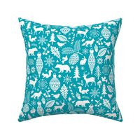 Woodland Forest Christmas Doodle with Deer,Bear,Snowflakes,Trees, Pinecone in Aqua Blue